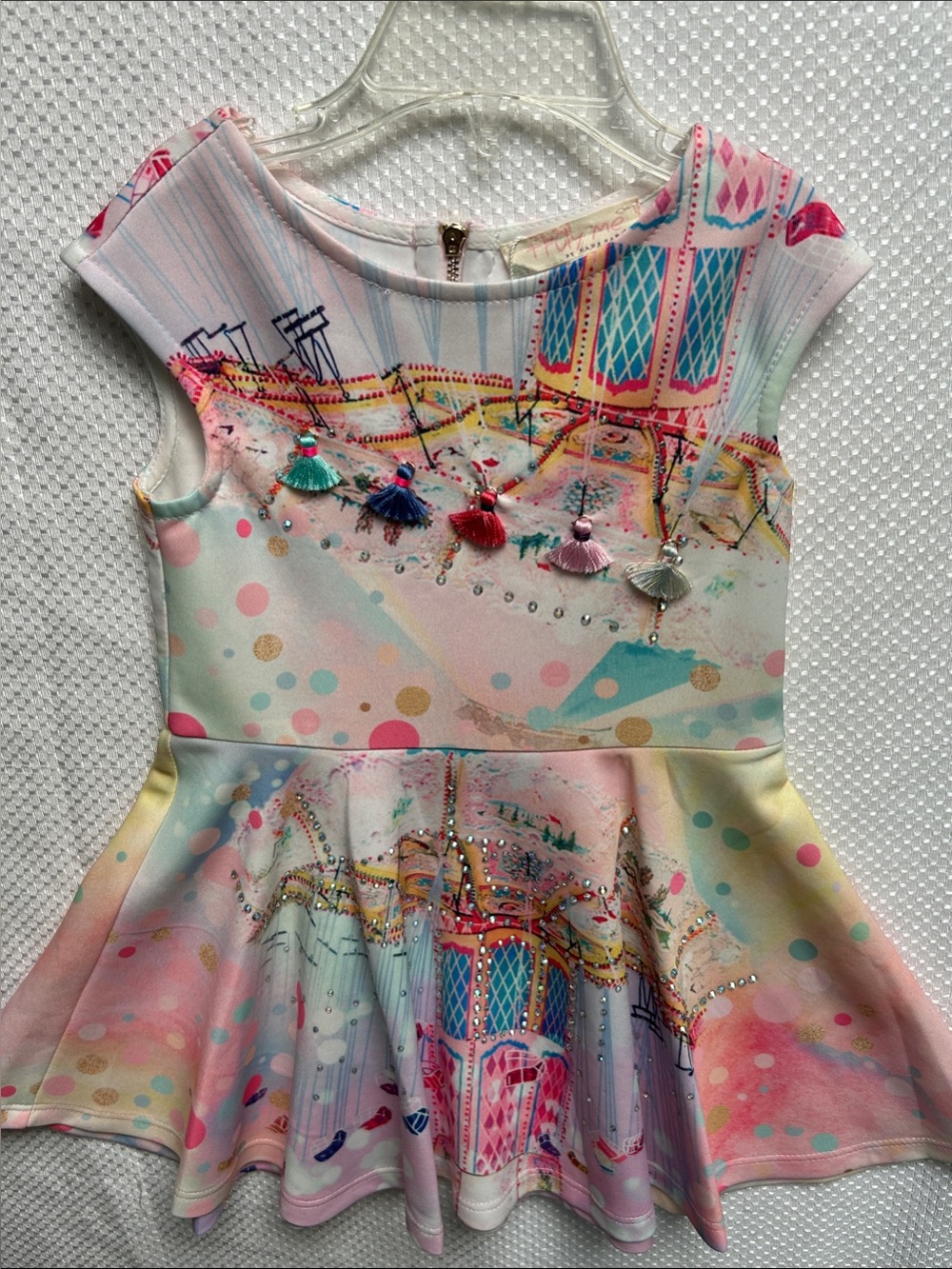 Truly Me Pastel Pink Multi Carousel Print Peplum Dress w/ embellishment. NWT